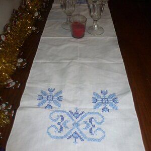 Handmade Blue Embroidered Table Runner Snowflakes Butterfly 42”